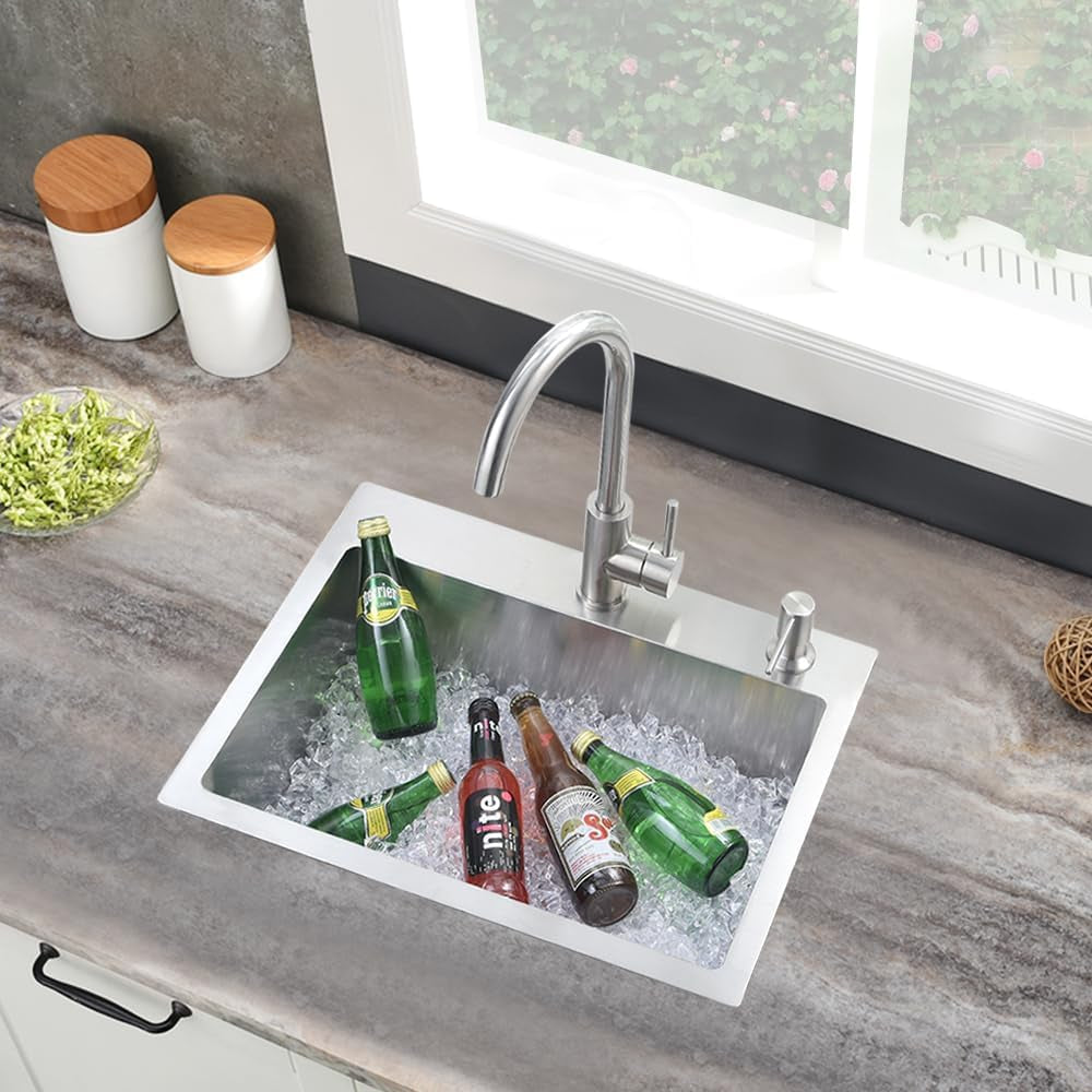 20 Inch Drop in Bar Sink, 20 X 16 Small Drop in Kitchen Sink Stainless Steel Outdoor Top Mount 16 Gauge Single Bowl Rv Kitchen Sink