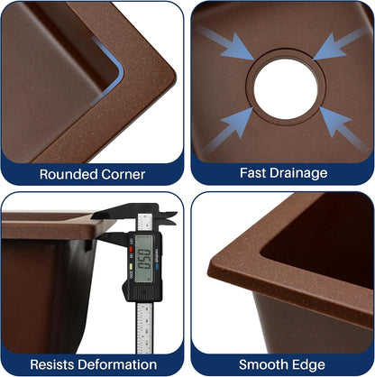 Undermount Bar Sink, 16 X 16 Inch Granite Composite Kitchen Sinks Small Wet Bar Sink RV Quartz Sink Coffee Brown EGS-1616-C