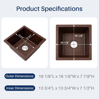 Undermount Bar Sink, 16 X 16 Inch Granite Composite Kitchen Sinks Small Wet Bar Sink RV Quartz Sink Coffee Brown EGS-1616-C