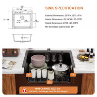 25 Inch Drop in Wet Bar Sink Matte Black Granite Composite Single Bowl Top Mount Kitchcen Sink