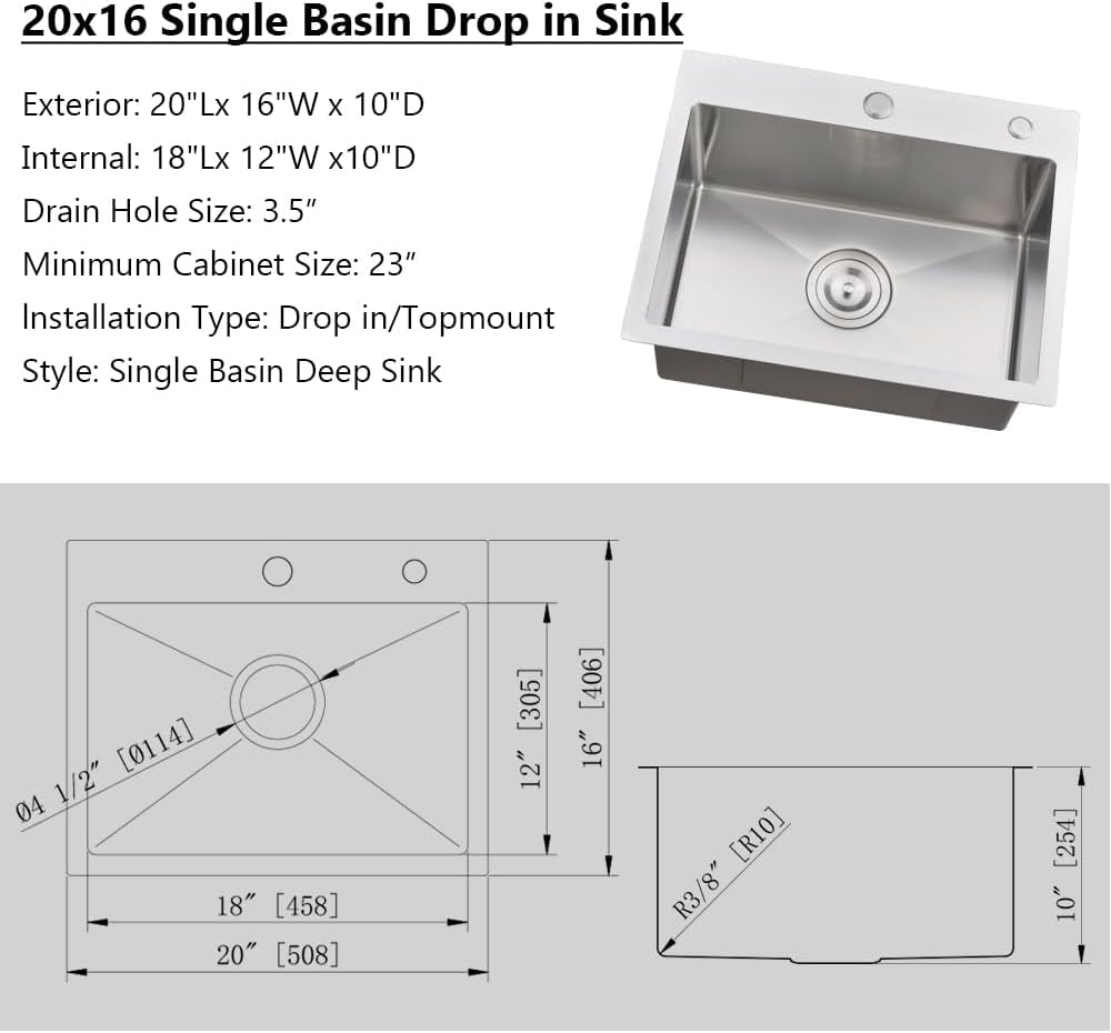 20 Inch Drop in Bar Sink, 20 X 16 Small Drop in Kitchen Sink Stainless Steel Outdoor Top Mount 16 Gauge Single Bowl Rv Kitchen Sink
